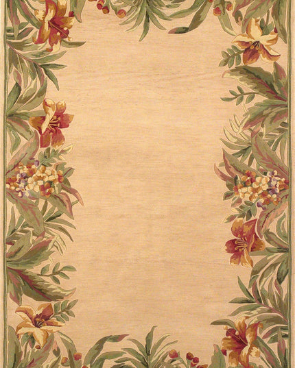 8' X 10' Beige Red And Green Wool Tropical Floral Hand Tufted Area Rug