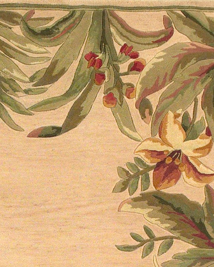 8' X 10' Beige Red And Green Wool Tropical Floral Hand Tufted Area Rug