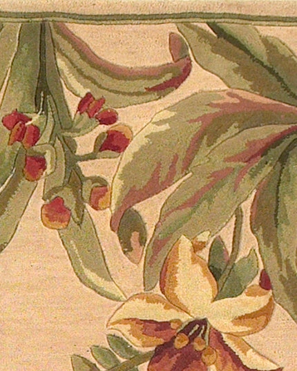 8' X 10' Beige Red And Green Wool Tropical Floral Hand Tufted Area Rug