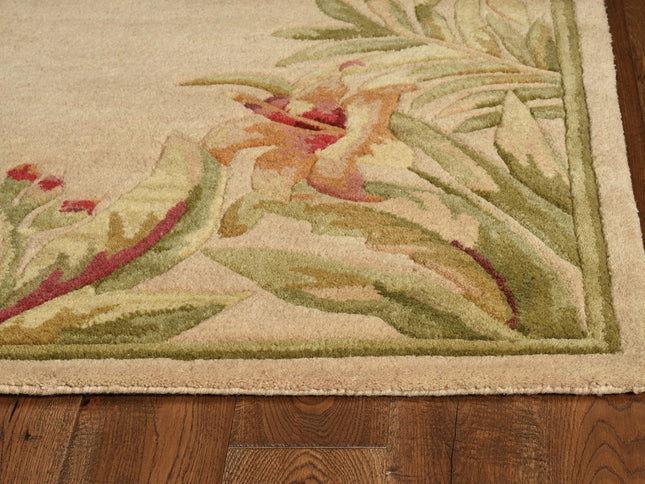 8' X 10' Beige Red And Green Wool Tropical Floral Hand Tufted Area Rug