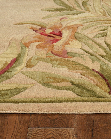 8' X 10' Beige Red And Green Wool Tropical Floral Hand Tufted Area Rug