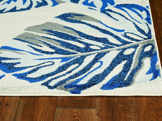 8' X 11' Blue And Gray Botanical Leaves Area Rug
