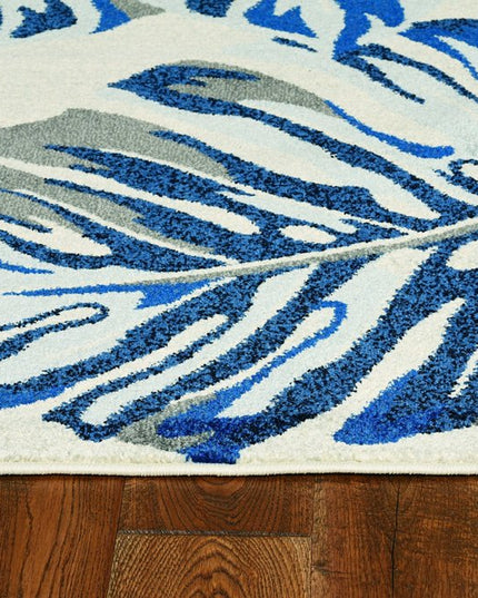 8' X 11' Blue And Gray Botanical Leaves Area Rug