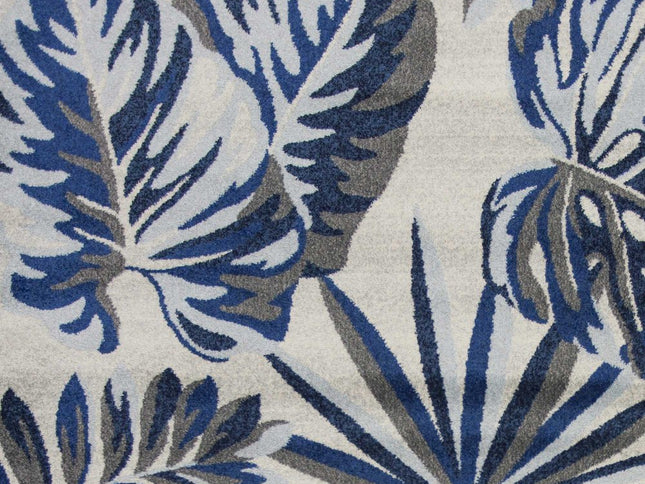 8' X 11' Blue And Gray Botanical Leaves Area Rug