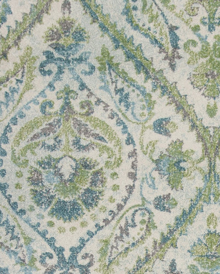 9' X 13' Green Ivory And Teal Medallion Area Rug
