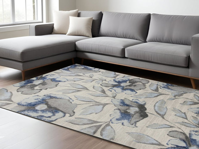 7' X 10' Ivory Blue And Gray Floral Vines Area Rug