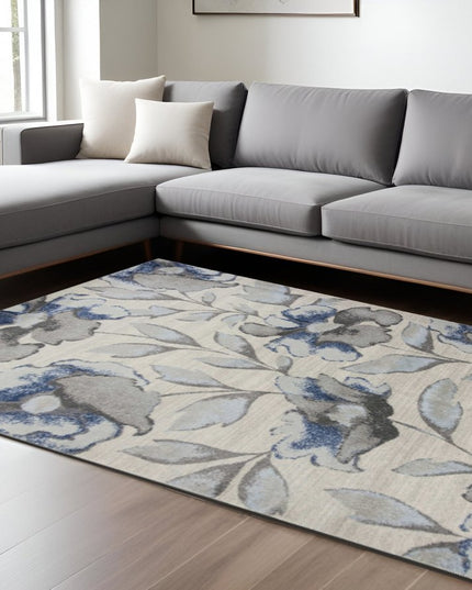 7' X 10' Ivory Blue And Gray Floral Vines Area Rug
