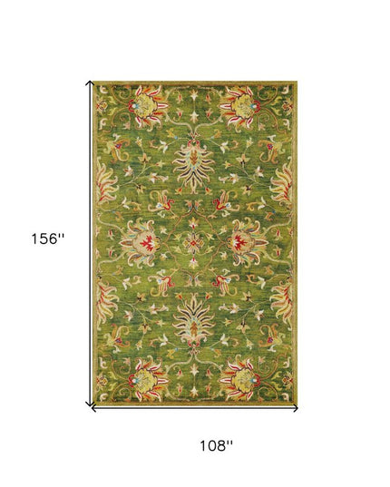 9' X 13' Green Red And Ivory Wool Floral Medallion Hand Tufted Area Rug