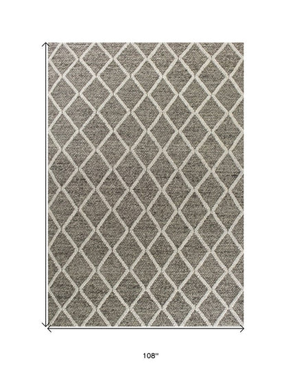 8' X 10' Dark Gray And Ivory New Zealand Lambs Wool Diamond Hand Woven Area Rug