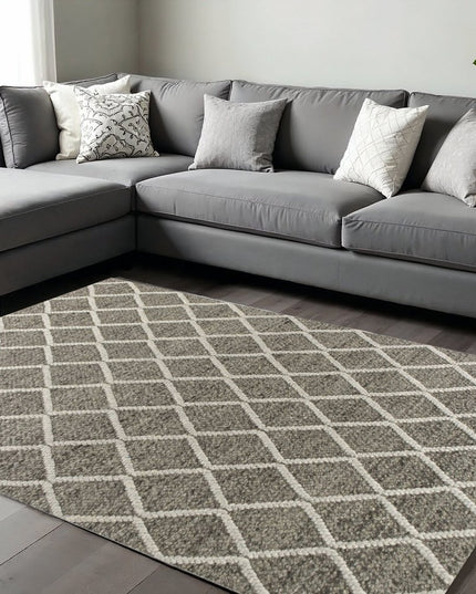 8' X 10' Dark Gray And Ivory New Zealand Lambs Wool Diamond Hand Woven Area Rug