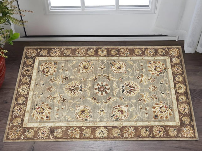 3' X 5' Gray Brown And Ivory Wool Floral Medallion Hand Tufted Area Rug
