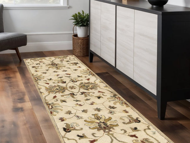 8' Champagne Red And Brown Wool Floral Medallion Hand Tufted Runner Rug