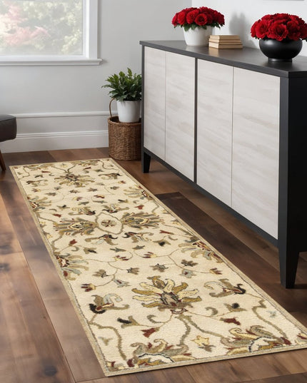 8' Champagne Red And Brown Wool Floral Medallion Hand Tufted Runner Rug