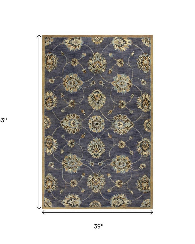 3' X 5' Dark Gray Green And Brown Wool Floral Hand Tufted Area Rug