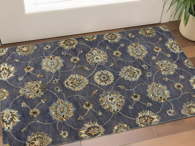 3' X 5' Dark Gray Green And Brown Wool Floral Hand Tufted Area Rug