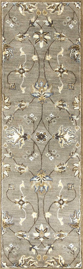 7' Gray Ivory And Brown New Zealand Lambs Wool Floral Hand Tufted Runner Rug
