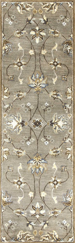 7' Gray Ivory And Brown New Zealand Lambs Wool Floral Hand Tufted Runner Rug