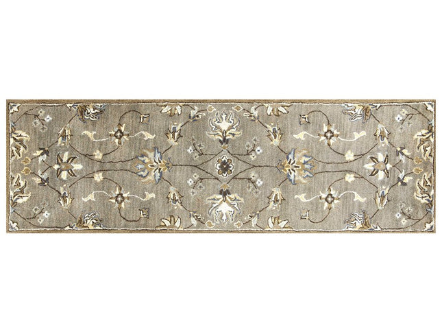 7' Gray Ivory And Brown New Zealand Lambs Wool Floral Hand Tufted Runner Rug
