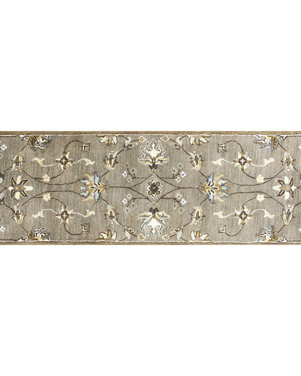 7' Gray Ivory And Brown New Zealand Lambs Wool Floral Hand Tufted Runner Rug