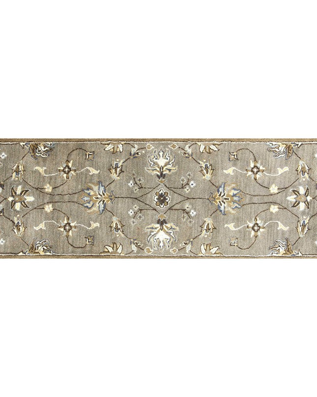 7' Gray Ivory And Brown New Zealand Lambs Wool Floral Hand Tufted Runner Rug