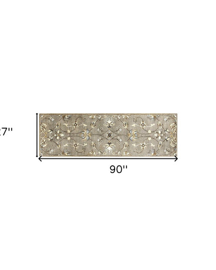 7' Gray Ivory And Brown New Zealand Lambs Wool Floral Hand Tufted Runner Rug