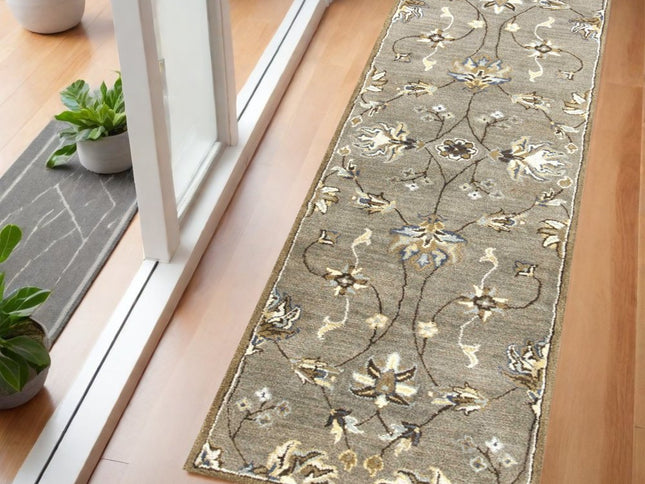 7' Gray Ivory And Brown New Zealand Lambs Wool Floral Hand Tufted Runner Rug