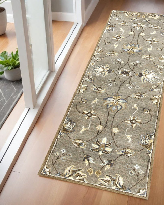 7' Gray Ivory And Brown New Zealand Lambs Wool Floral Hand Tufted Runner Rug