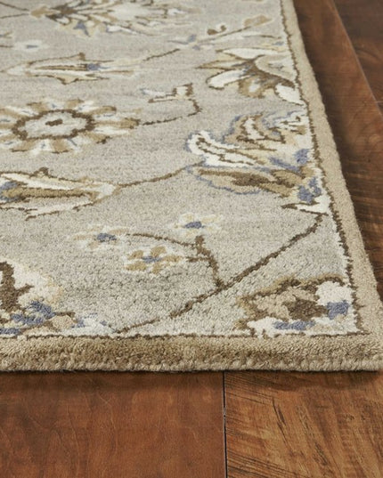 7' Gray Ivory And Brown New Zealand Lambs Wool Floral Hand Tufted Runner Rug