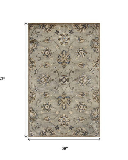 7' Gray Ivory And Brown New Zealand Lambs Wool Floral Hand Tufted Runner Rug