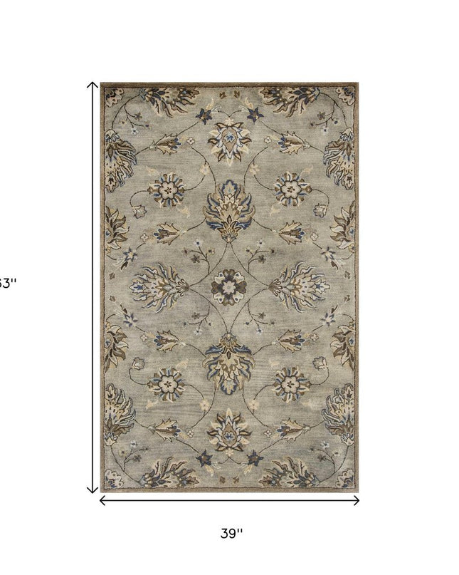 7' Gray Ivory And Brown New Zealand Lambs Wool Floral Hand Tufted Runner Rug