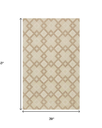 3' X 5' Ivory And Brown Wool Geometric Hand Tufted Area Rug