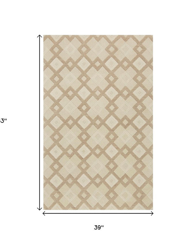 3' X 5' Ivory And Brown Wool Geometric Hand Tufted Area Rug