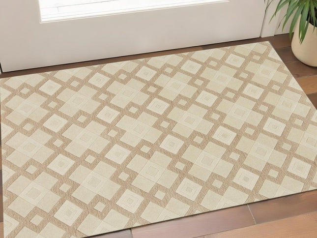 3' X 5' Ivory And Brown Wool Geometric Hand Tufted Area Rug