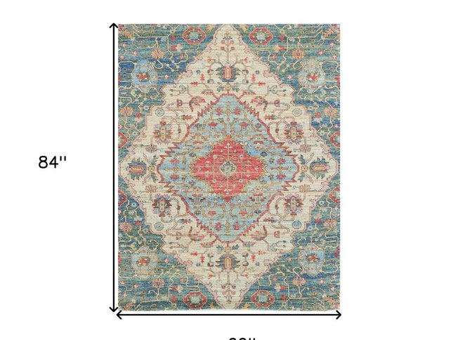 5' X 7' Blue Beige And Brick Red Jute Medallion Hand Woven Distressed Area Rug
