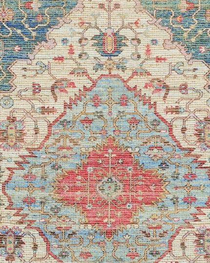5' X 7' Blue Beige And Brick Red Jute Medallion Hand Woven Distressed Area Rug