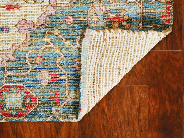 5' X 7' Blue Beige And Brick Red Jute Medallion Hand Woven Distressed Area Rug