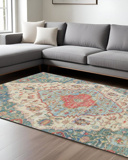 5' X 7' Blue Beige And Brick Red Jute Medallion Hand Woven Distressed Area Rug