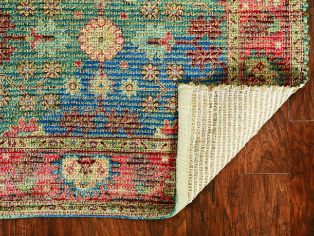 5' X 7' Blue Red And Beige Floral Medallion Hand Woven Distressed Area Rug
