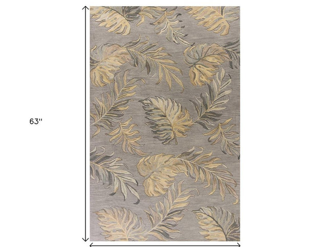 3' X 5' Gray And Taupe Wool Botanical Leaves Hand Tufted Area Rug