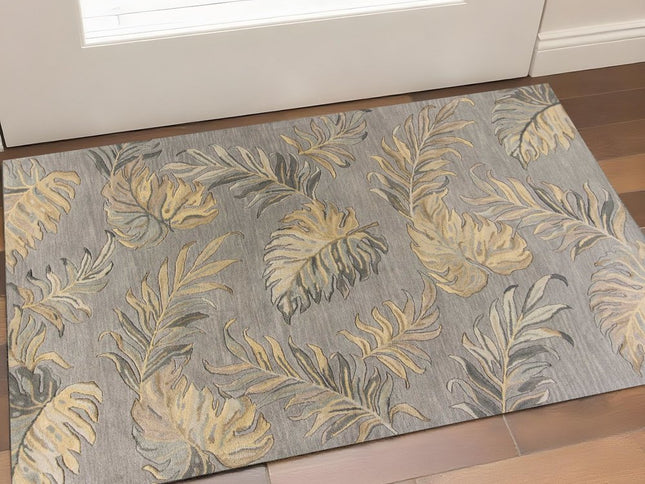 3' X 5' Gray And Taupe Wool Botanical Leaves Hand Tufted Area Rug