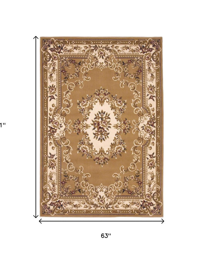 5' X 8' Beige Ivory And Brown Floral Medallion Area Rug