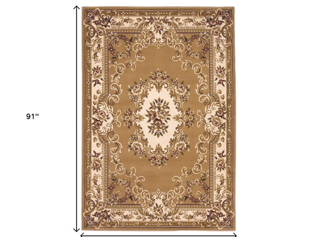 5' X 8' Beige Ivory And Brown Floral Medallion Area Rug