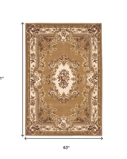 5' X 8' Beige Ivory And Brown Floral Medallion Area Rug