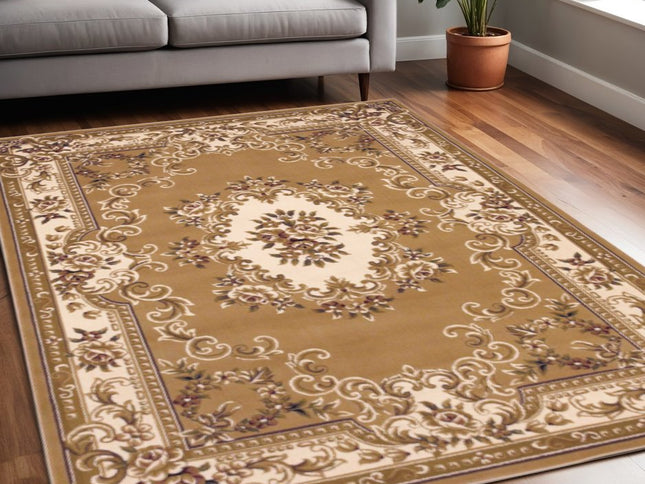 5' X 8' Beige Ivory And Brown Floral Medallion Area Rug