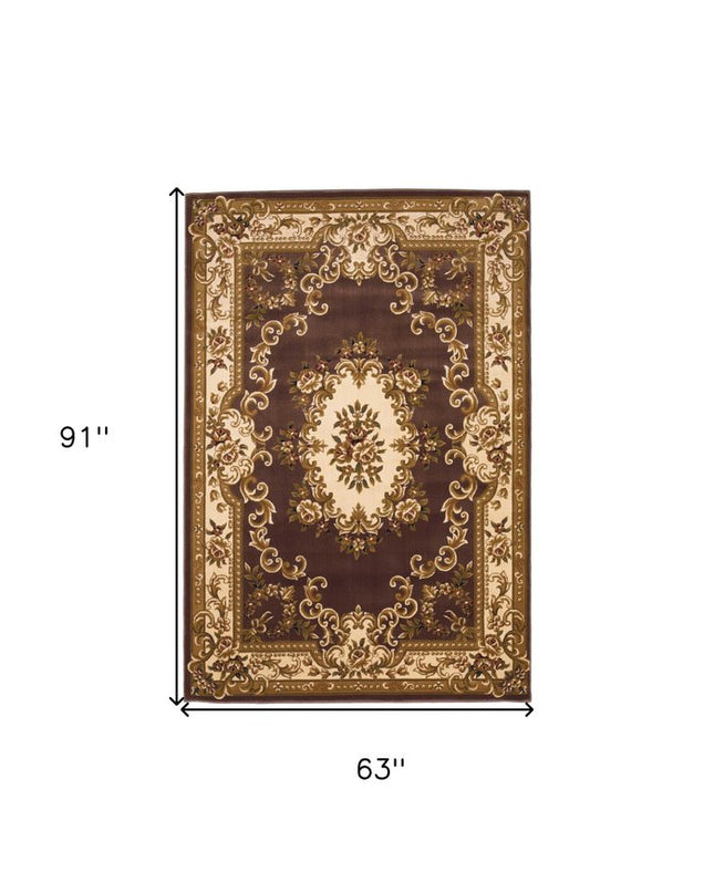 5' X 8' Beige Ivory And Brown Floral Medallion Area Rug