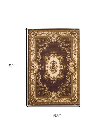 5' X 8' Plum And Ivory Floral Medallion Area Rug