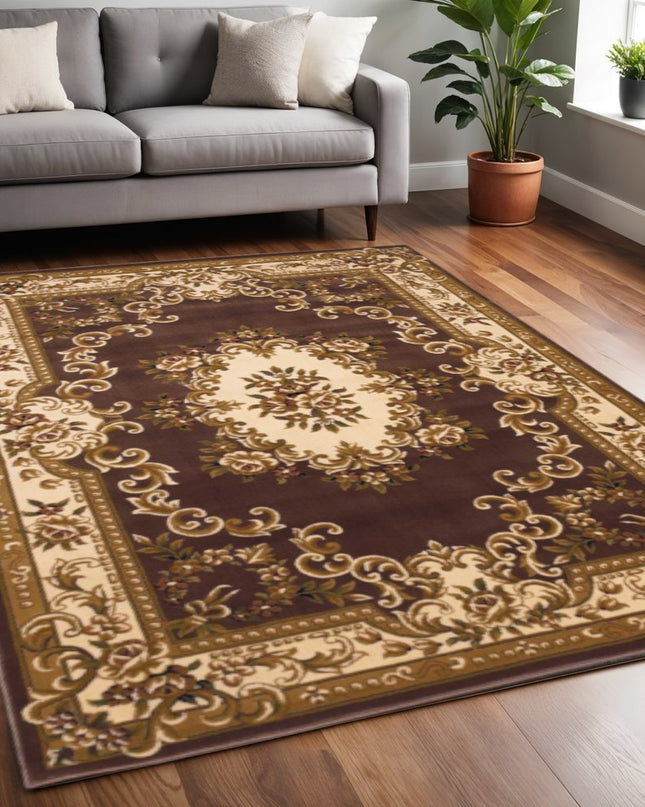 5' X 8' Beige Ivory And Brown Floral Medallion Area Rug