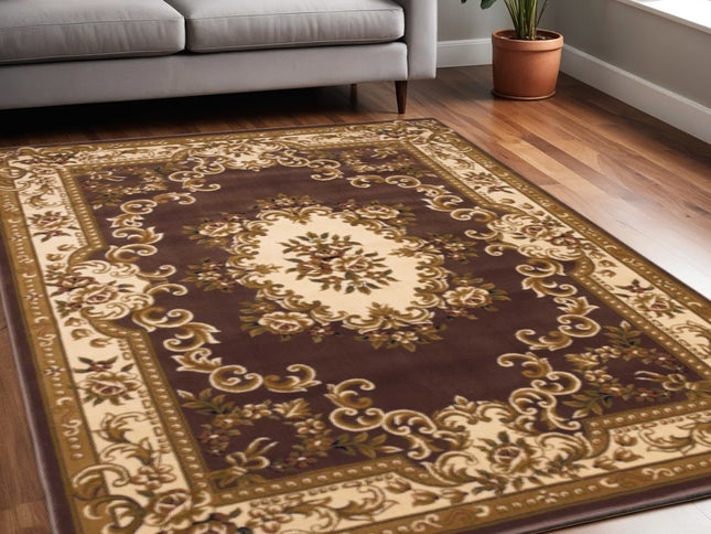 5' X 8' Beige Ivory And Brown Floral Medallion Area Rug