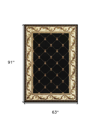 5' X 8' Brown Black And Ivory Floral Vines Area Rug