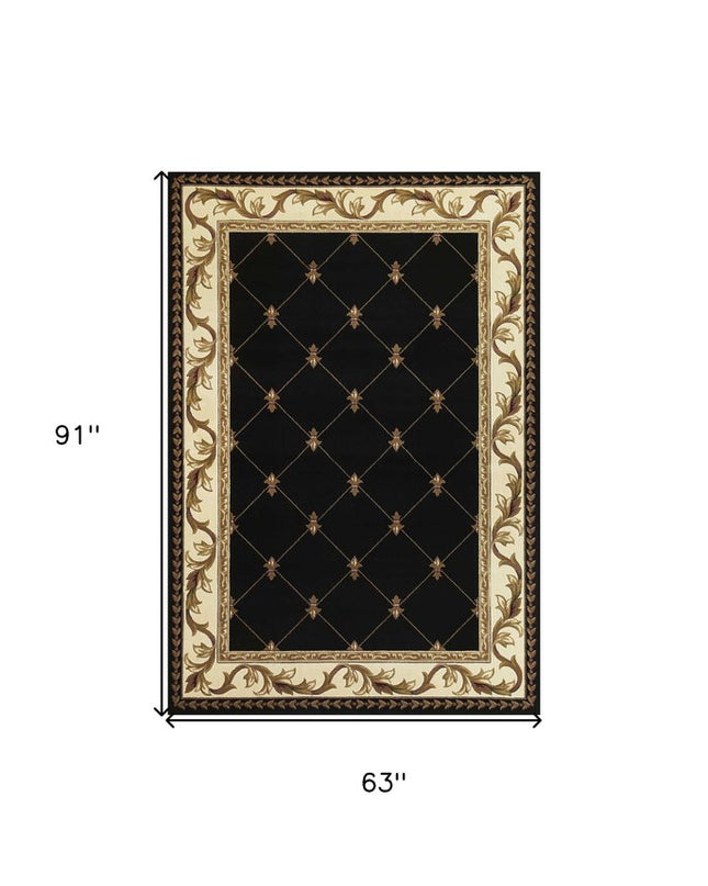 5' X 8' Brown Black And Ivory Floral Vines Area Rug